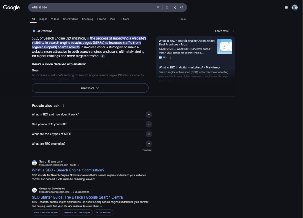 Google search results for what is SEO featuring AI overview snippet people also ask section and links from Moz Search Engine Land and Google Search Central
